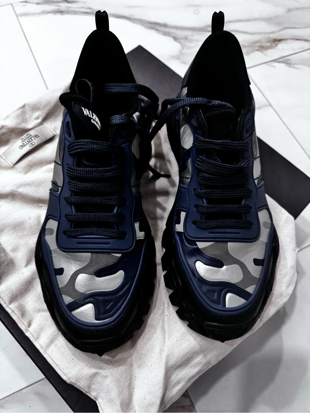 Valentino Navy and Gray Camouflage Lace-Up Sneakers